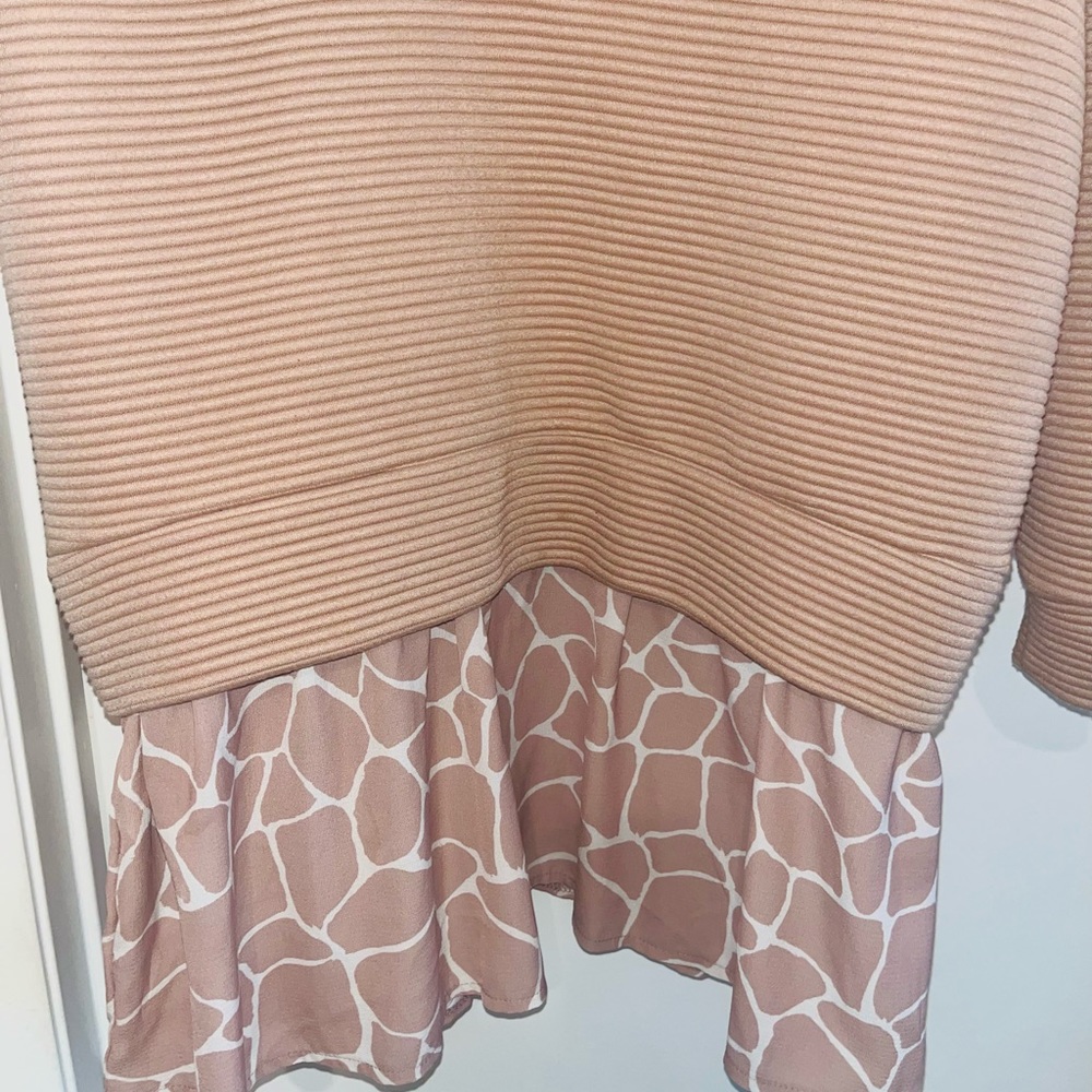 Over sized peach sweater dress with giraffe print